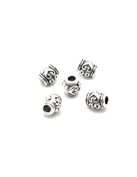 perle ronde 6mm tonneau en métal argenté travaillé