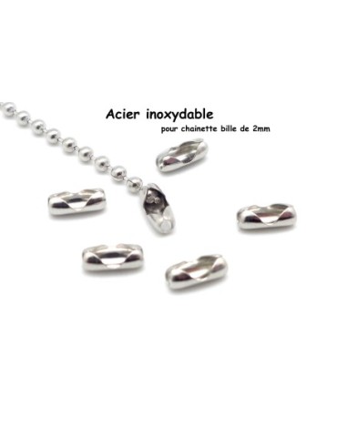 Fermoir chainette bille 2mm argenté en acier inox