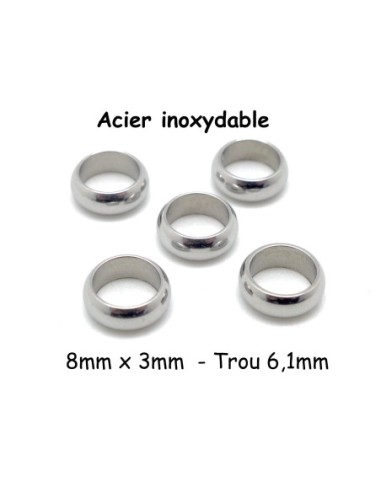 Perle rondelle argenté en acier inox à gros trou - donut