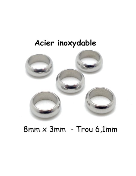 Perle rondelle argenté en acier inox à gros trou - donut