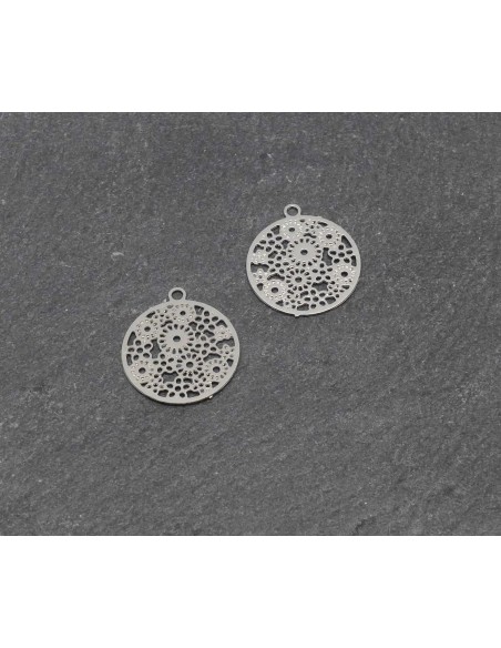 breloques Estampes en filigrane rosace très fine, légère et stylisé 13,1mm en métal argenté