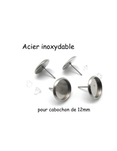 Supports boucle d'oreille en acier inoxydable couleur argent pour cabochon de 12mm livré avec attache en plastique