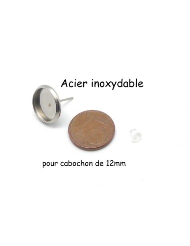 BO puce pour cabochon de 12mm argenté acier inox