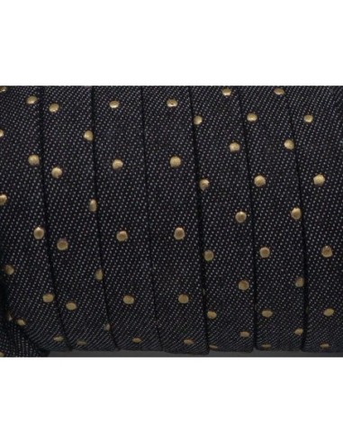 Lanière 10mm en jeans noir coton tissé, motif pois couleur bronze tendance denin