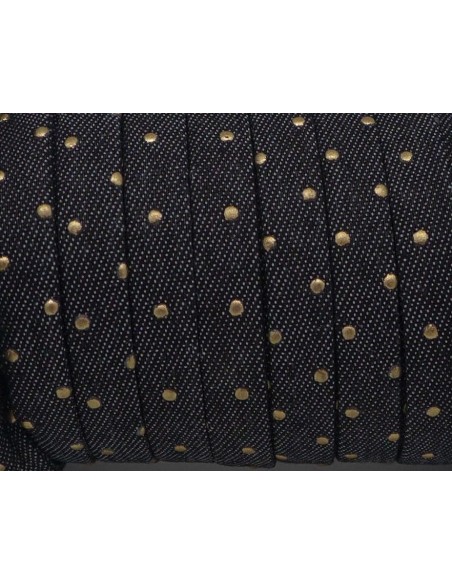 Lanière 10mm en jeans noir coton tissé, motif pois couleur bronze tendance denin