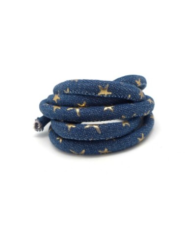 Cordon jeans 6mm bleu et motif étoiles peint en doré en coton style bohème chic