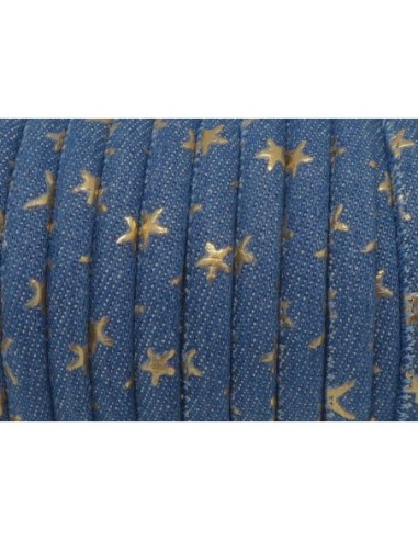 Cordon jeans 6mm bleu et motif étoiles peint en doré en coton style bohème chic