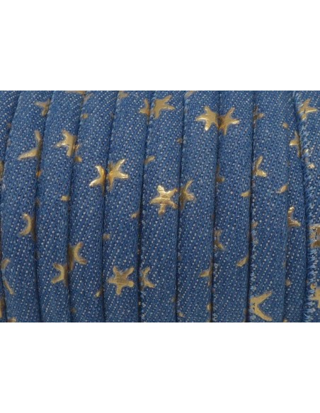 Cordon jeans 6mm bleu et motif étoiles peint en doré en coton style bohème chic