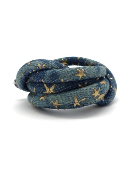 Cordon jeans 6mm bleu bicolore délavé et motif étoiles doré en coton