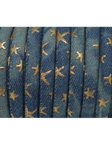 Cordon jeans 6mm bleu bicolore délavé et motif étoiles doré en coton