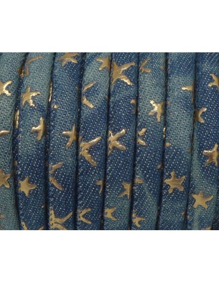 Cordon jeans 6mm bleu bicolore délavé et motif étoiles doré en coton