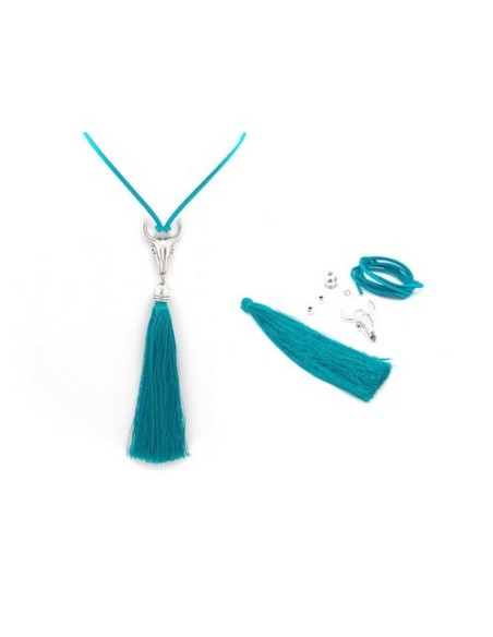 KIT collier sautoir tête de buffle vert émeraude et métal argenté - tête de taureau