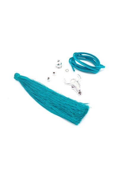 KIT collier sautoir tête de buffle vert émeraude et métal argenté - tête de taureau