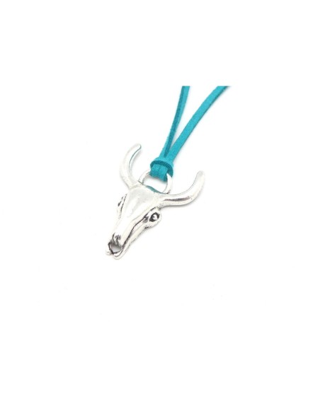 KIT collier sautoir tête de buffle vert émeraude et métal argenté - tête de taureau