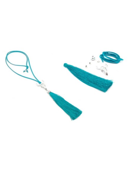 KIT collier sautoir tête de buffle vert émeraude et métal argenté - tête de taureau