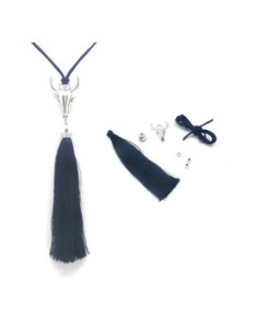 KIT collier sautoir tête de buffle bleu marine et métal argenté - tête de taureau