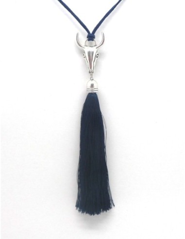 KIT collier sautoir tête de buffle bleu marine et métal argenté - tête de taureau
