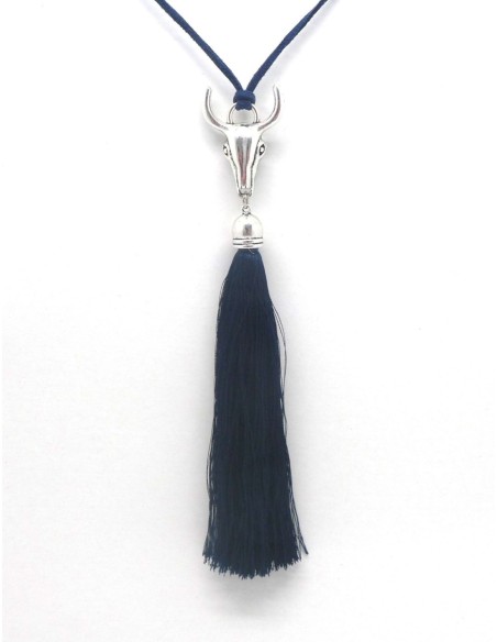 KIT collier sautoir tête de buffle bleu marine et métal argenté - tête de taureau