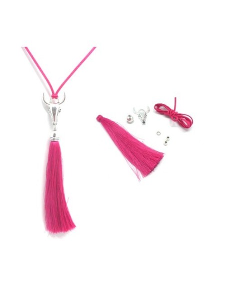 KIT collier sautoir tête de buffle rose fuchsia et métal argenté - tête de taureau
