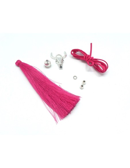 KIT collier sautoir tête de buffle rose fuchsia et métal argenté - tête de taureau