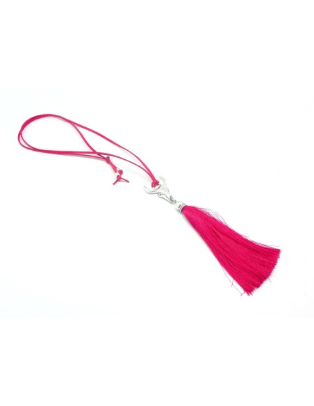 KIT collier sautoir tête de buffle rose fuchsia et métal argenté - tête de taureau