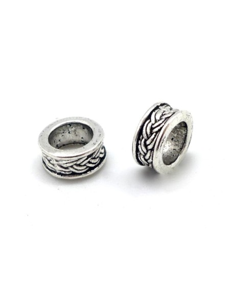 Perles rondelle en métal argenté travaillé, anneau 9mm à gros trou 6,1mm donut
