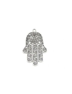 Grand Pendentif main de Fatma en métal argenté ajouré 74mm x 47mm