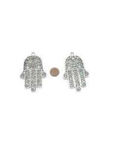 Grand Pendentif main de Fatma en métal argenté ajouré 74mm x 47mm 2