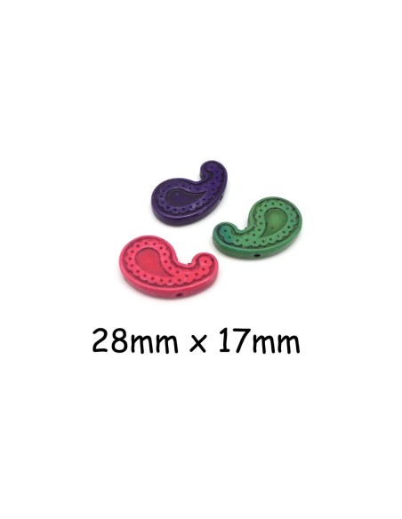 perles motif cashemire Paisley pierre naturelle imitation turquoise "Howlite" 28mm x17mm violet, rose et vert