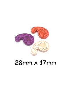 3 perles motif cashemire Paisley en pierre naturelle imitation turquoise "Howlite" 28mm x17mm violet, orange, beige