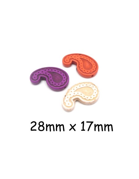 3 perles motif cashemire Paisley en pierre naturelle imitation turquoise "Howlite" 28mm x17mm violet, orange, beige 3 perles motif cashemire Paisley en pierre naturelle imitation turquoise "Howlite" 28mm x17mm violet, orange, beige