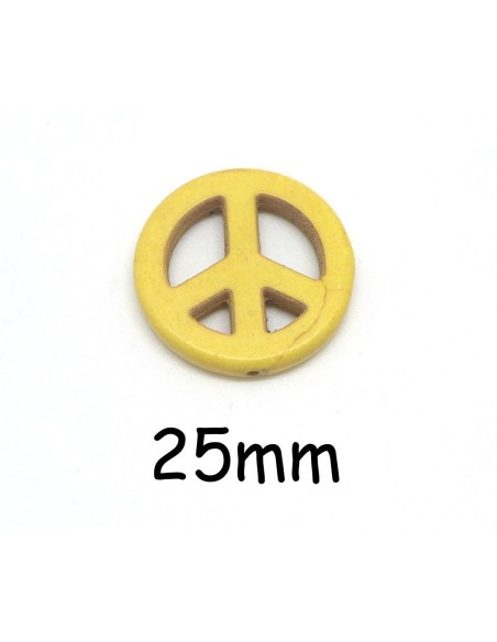 perles Peace and love 25mm en pierre naturelle imitation turquoise "Howlite" 25mm jaune