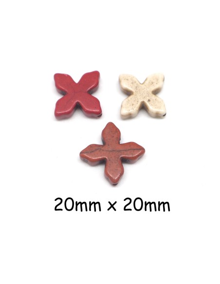 perles Croix en pierre naturelle imitation turquoise "Howlite" 20mm crème blanc cassé, orange rouille, rouge