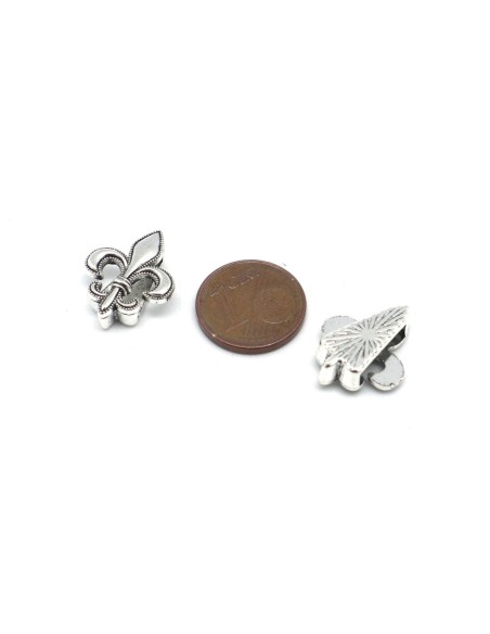 Perle passant fleur de lys en métal argenté pour lanière 10mm