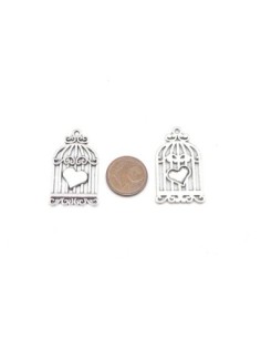Breloques cage à oiseaux coeur en métal argenté 32mm x 18mm 2