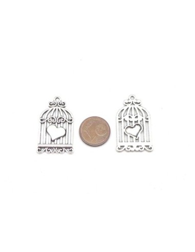 Breloques cage à oiseaux coeur en métal argenté 32mm x 18mm