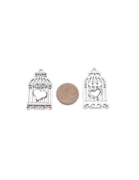 Breloques cage à oiseaux coeur en métal argenté 32mm x 18mm