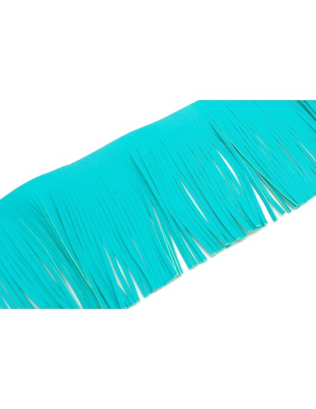 galon frange bleu vert turquoise en simili cuir pour customisation, pompon hauteur frange 10cm