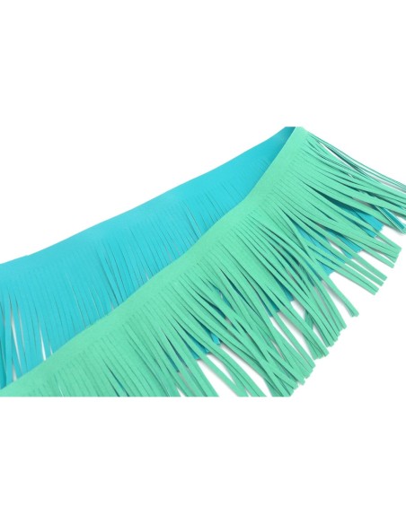 galon frange bleu vert turquoise en simili cuir pour customisation, pompon hauteur frange 10cm