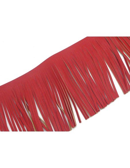 galon frange rouge verso marron beige en simili cuir pour customisation, pompon hauteur frange 10cm