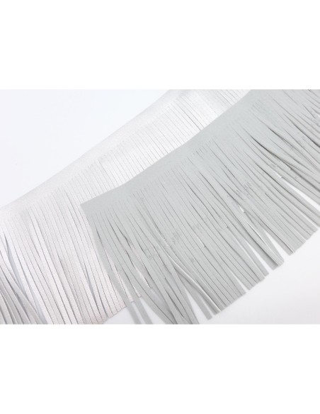galon frange gris clair argenté effet métallisé en simili cuir pour customisation, pompon hauteur frange 10cm