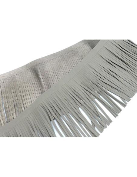 galon frange gris bronze pâle effet métallisé en simili cuir pour customisation, pompon hauteur frange 10cm