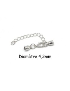 2 Fermoirs mousqueton embout rond pour cordon de 4mm en métal argenté avec chainette de rallonge