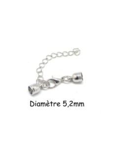 2 Fermoirs mousqueton embout rond pour cordon de 5mm en métal argenté avec chainette de rallonge