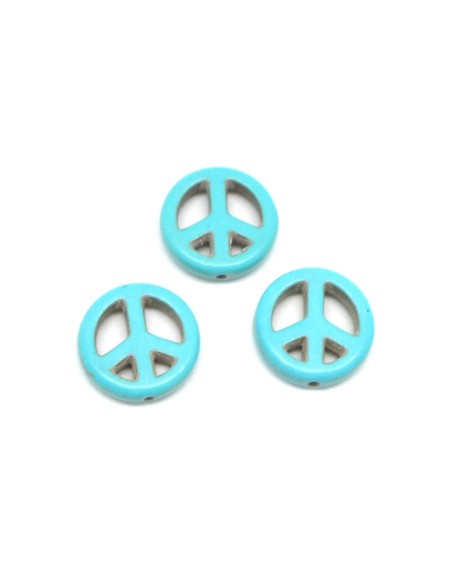 5 perles Peace and love 15mm en pierre naturelle imitation turquoise "Howlite" bleu turquoise