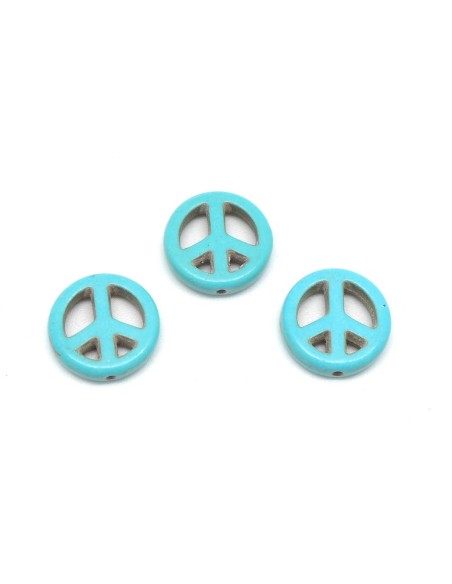 5 perles Peace and love 15mm en pierre naturelle imitation turquoise "Howlite" bleu turquoise
