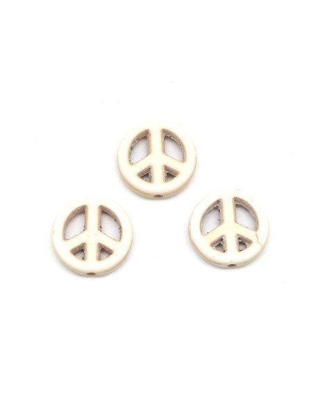 5 perles Peace and love 15mm en pierre naturelle imitation turquoise "Howlite" beige blanc naturel