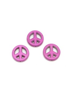 5 perles Peace and love 15mm en pierre naturelle imitation turquoise "Howlite" rose violet