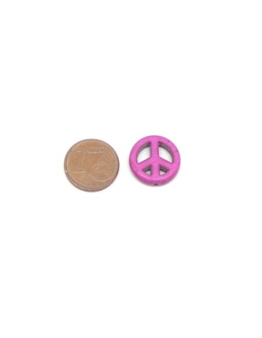 5 perles Peace and love 15mm en pierre naturelle imitation turquoise "Howlite" rose violet