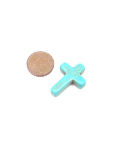 3 perles croix en pierre naturelle imitation turquoise "Howlite" bleu truquoise 25mm x 18mm